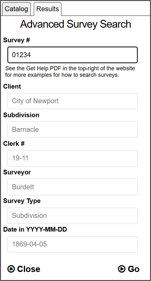 An example of how to search for a survey by survey number using the advanced survey search tool.