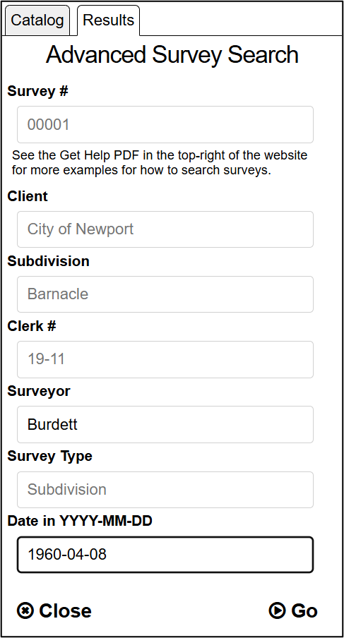 An example showing how to search by both surveyor and date in the advanced survey search tool.