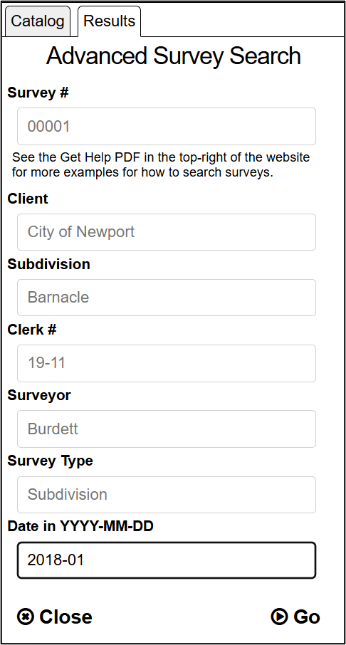An example showing how to search for all surveys that were filed in a specific month.