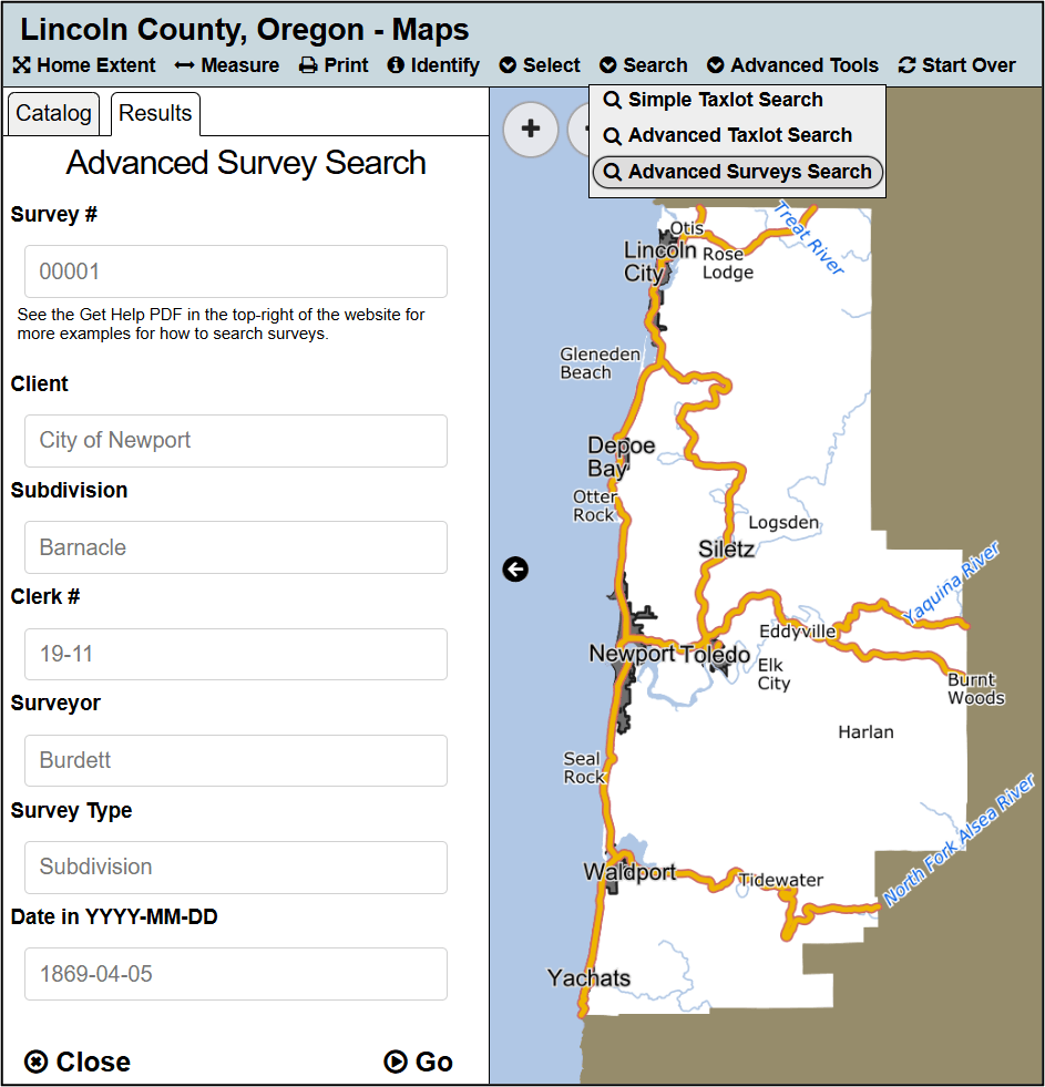 The advanced survey search tool, including the menu where the tool can be found.