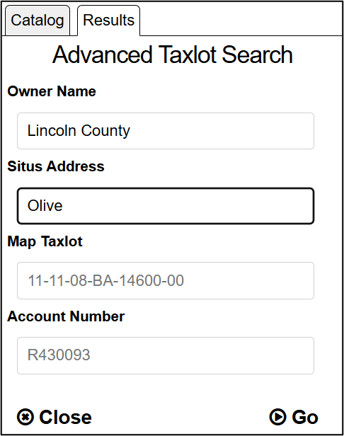 An example of how to search for a taxlot owned by Lincoln County with on Olive Street.