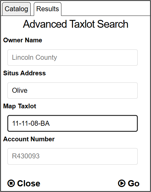 An example of how to search for a taxlot with a parcel ID starting with 11-11-08-BA on Olive Street.