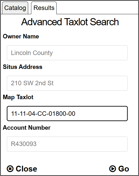 An example showing how to search for a taxlot with a parcel ID of 11-11-04-CC-01800-00.