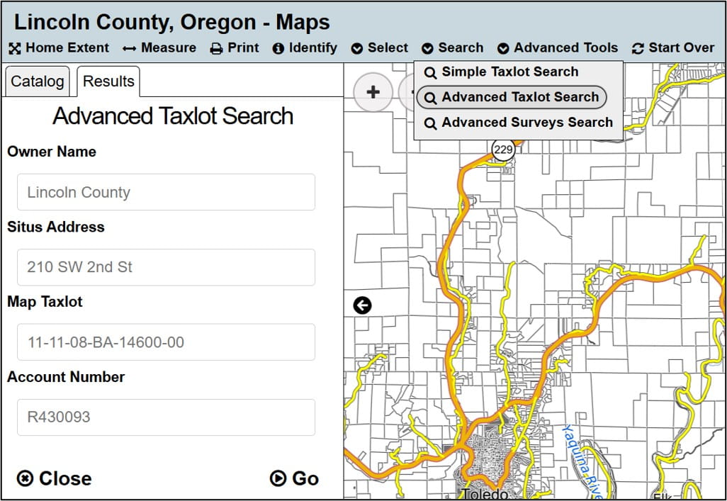 The advanced taxlot search tool, including the menu where users can choose which dataset to search.