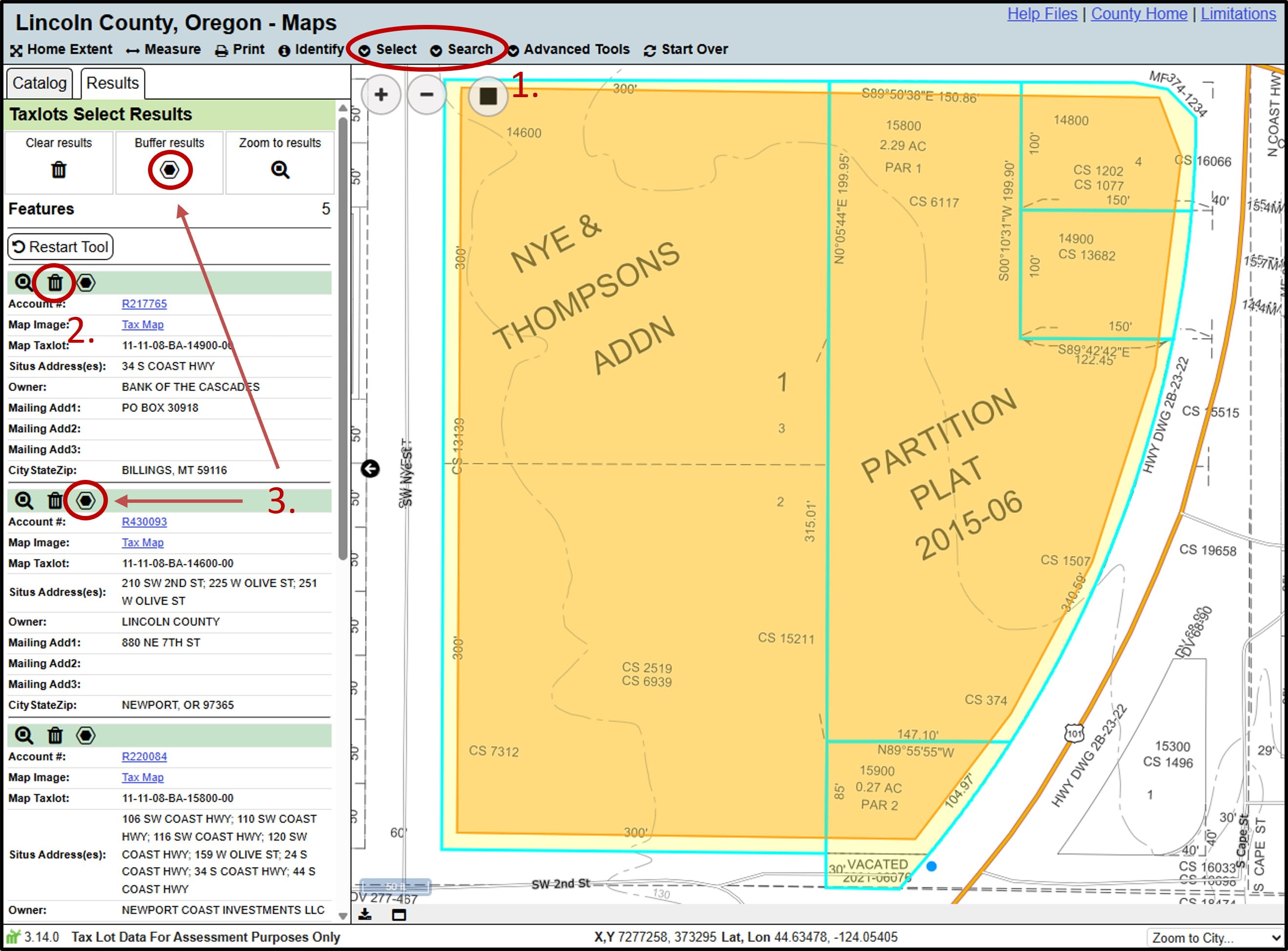 Lincoln County's Online Maps showing how to select taxlots and run the buffer tool.