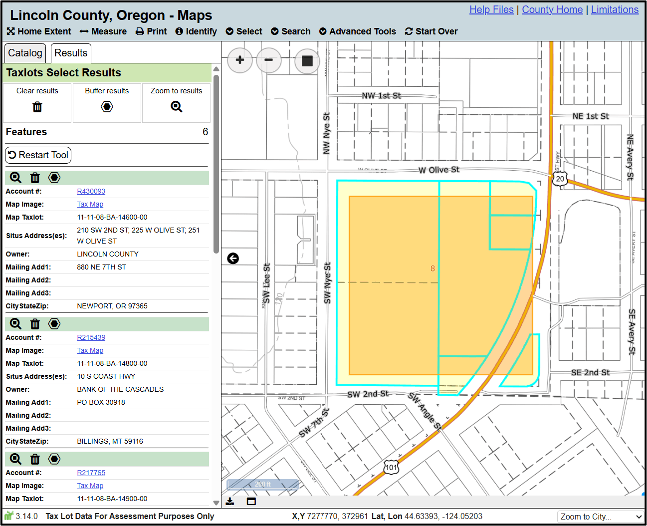 An example of how the results look when selecting taxlots.