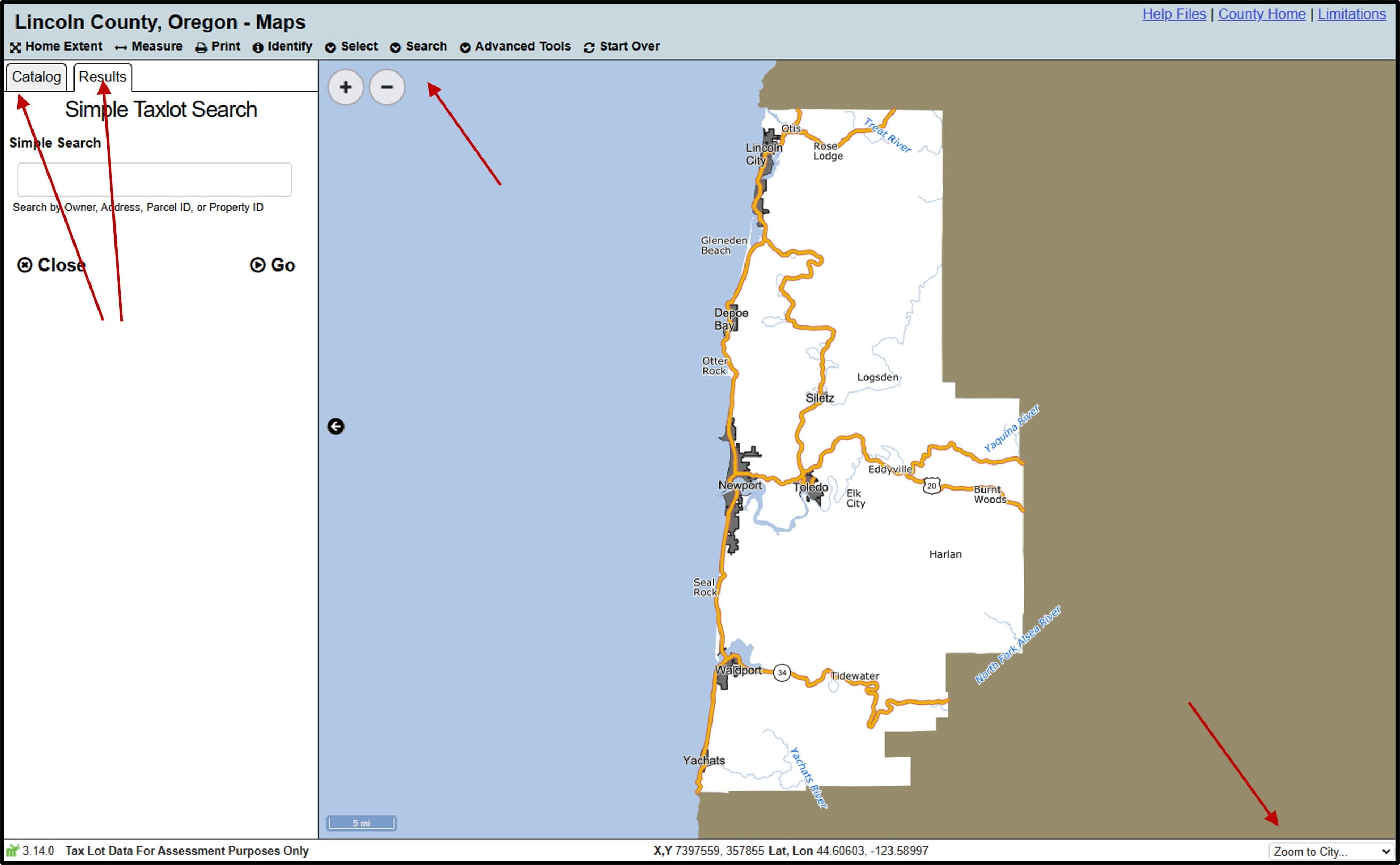 The homepage for Lincoln County's Maps, including the tabs, toolbar, and the zoom to city button.