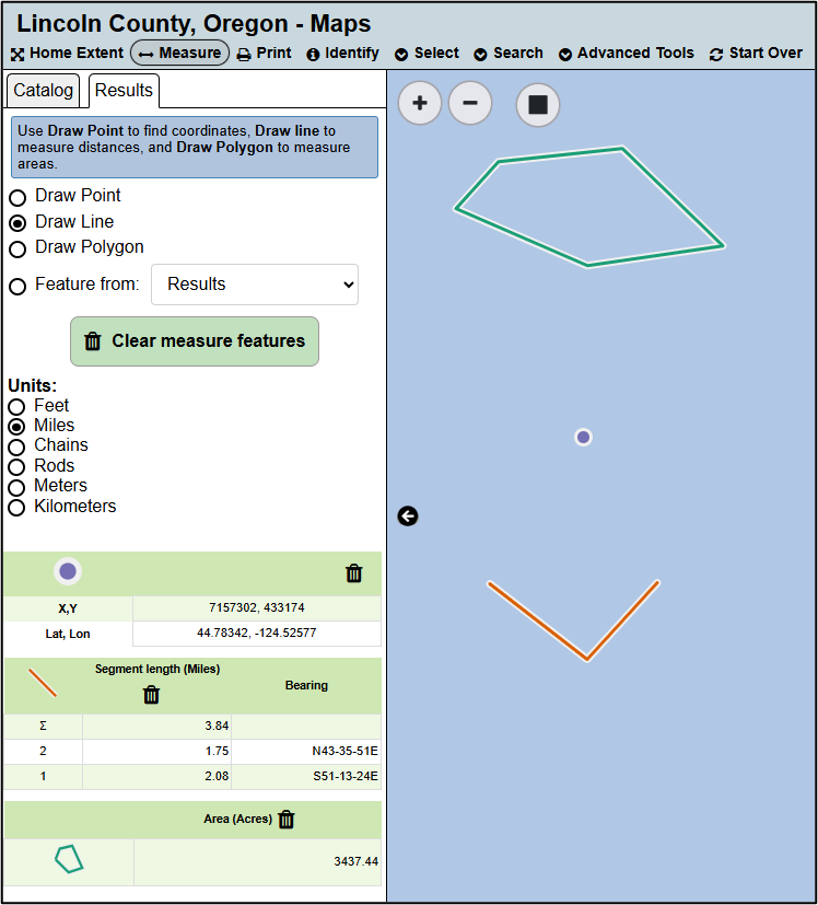 The measure tool, with examples for measuring points, lines, and polygons.
