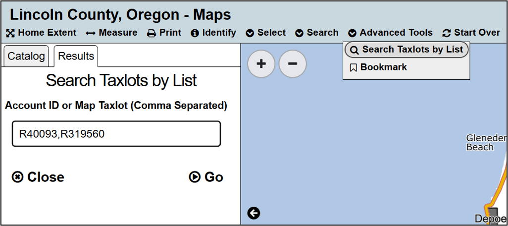 An example of the search taxlots by list tool, including the menu where the tool can be found.