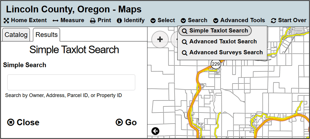 The simple taxlot search tool, including the menu where users can choose which dataset to search.
