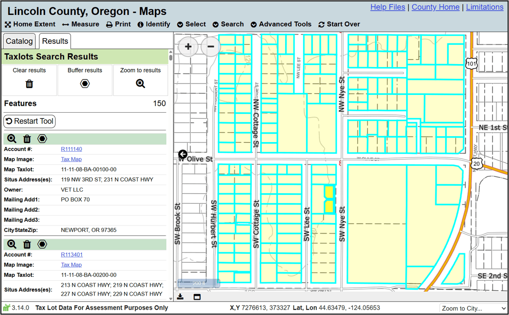 An example of how the results look when searching for taxlots.
